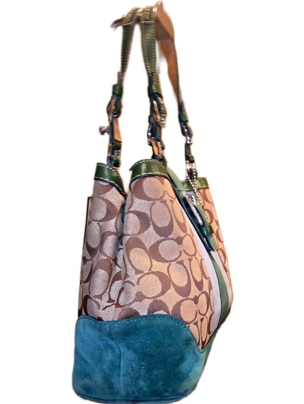 Coach Vintage Y2k Hampton Signature Green & Blue Suede Double Handled Tote Bag